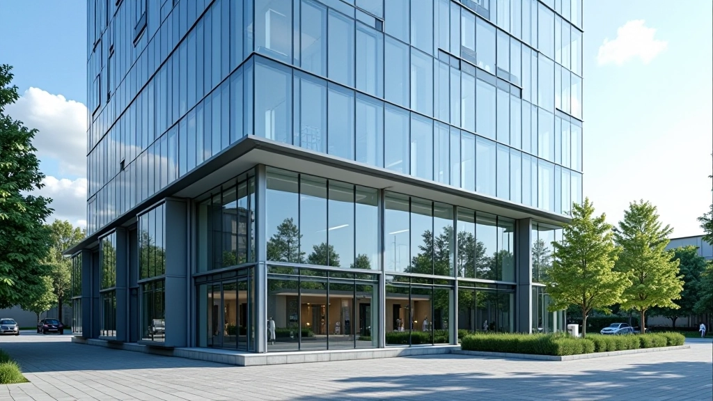 Šiuolaikinė bankų pastato fasadas su šiuolaikine architektūra ir šviesomis