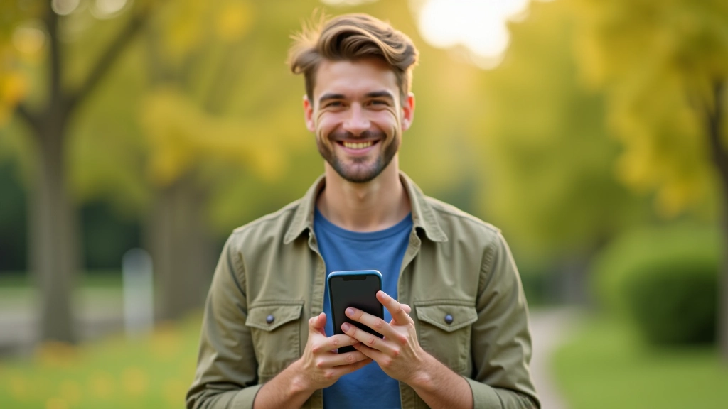 Žmogus naudojasi mobiliu telefonu su bankinės programėle, parkelyje su žaliais medžiais ir saulės šviesa